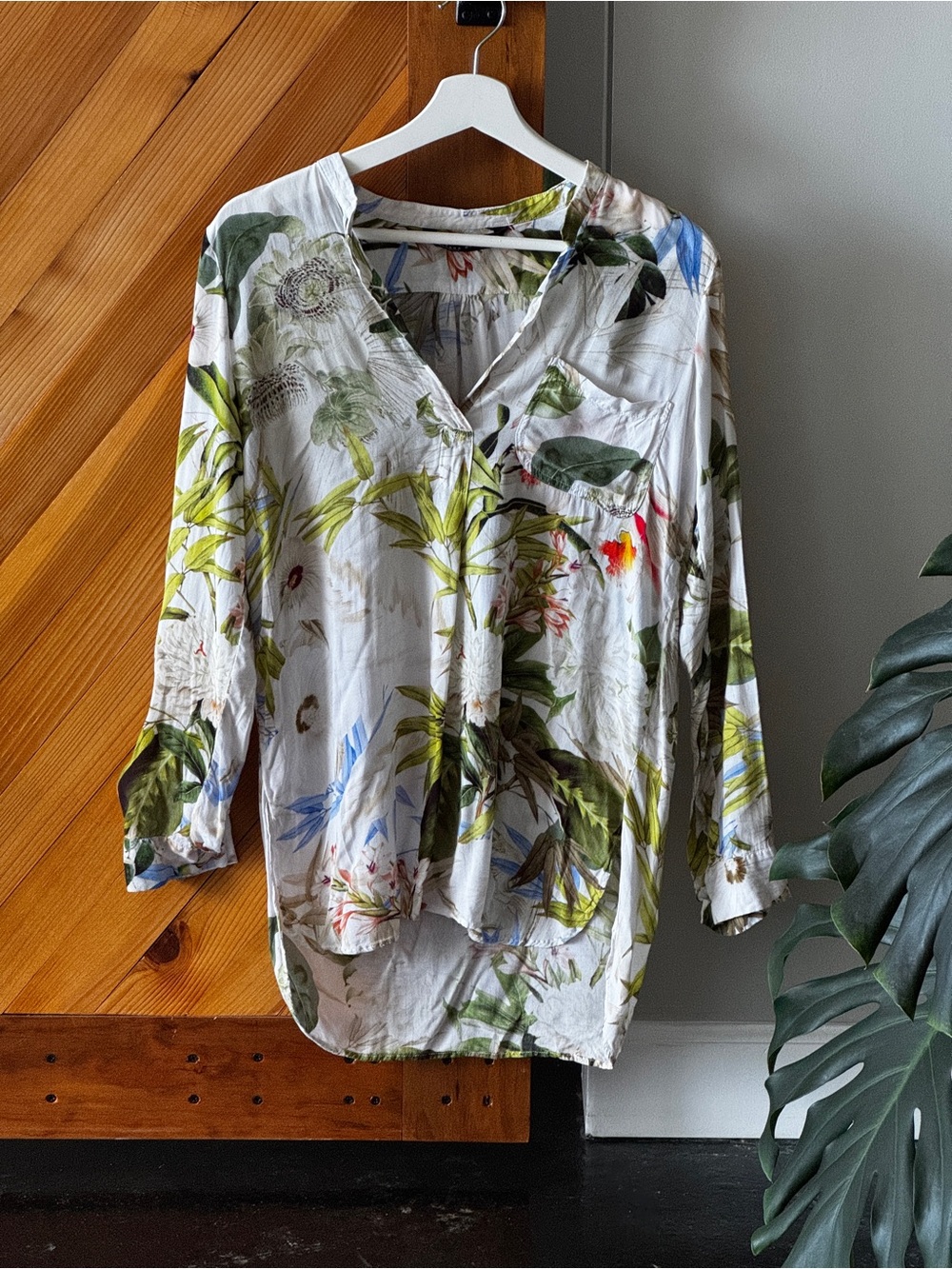 Zara Woman Floral Print Blouse White Roll-Tab Sleeves